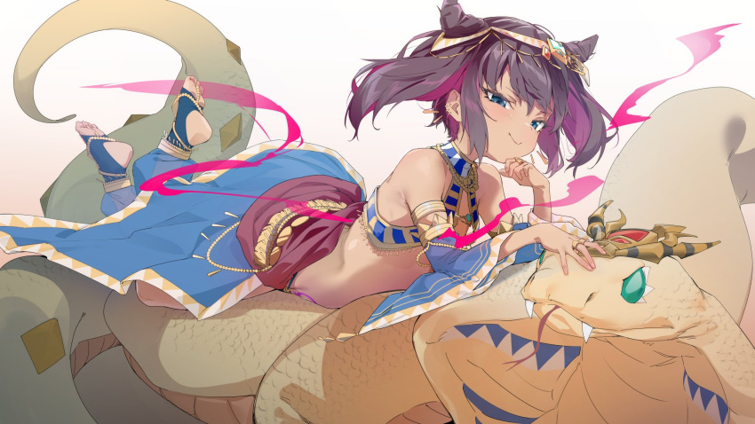 1girl, animal, black_hair, blue_eyes, circlet, cleopatra_(legend_clover), cobra_(animal), dark-skinned_female