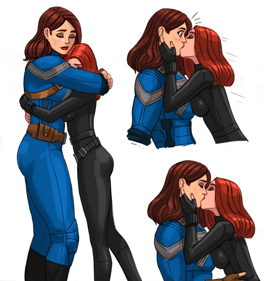 2girls, alternate_universe, belt, black_bodysuit, black_widow, blue_bodysuit, bodysuit, breasts, brown_eyes, brown_gloves, brown_hair, captain_carter, closed_eyes, fingerless_gloves, flick-the-thief, gloves, hand_on_another's_face, height_difference, highres, hug, kiss, large_breasts, lipstick, long_hair, makeup, marvel, marvel_cinematic_universe, medium_breasts, multiple_girls, muscular, muscular_female, natasha_romanoff, peggy_carter, red_lips, redhead, size_difference, superhero, surprise_kiss, surprised, what_if_(disney+), wide-eyed, yuri