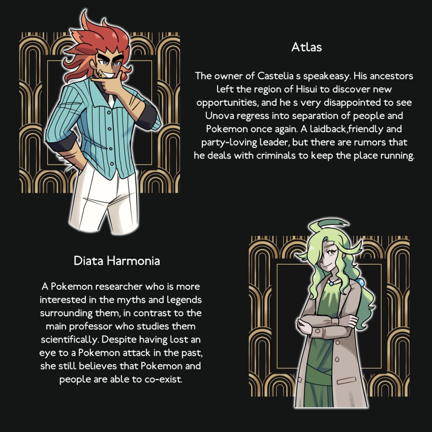 1920s_(style), 1boy, 1girl, blue_shirt, coat, crossed_arms, english_text, fluorart