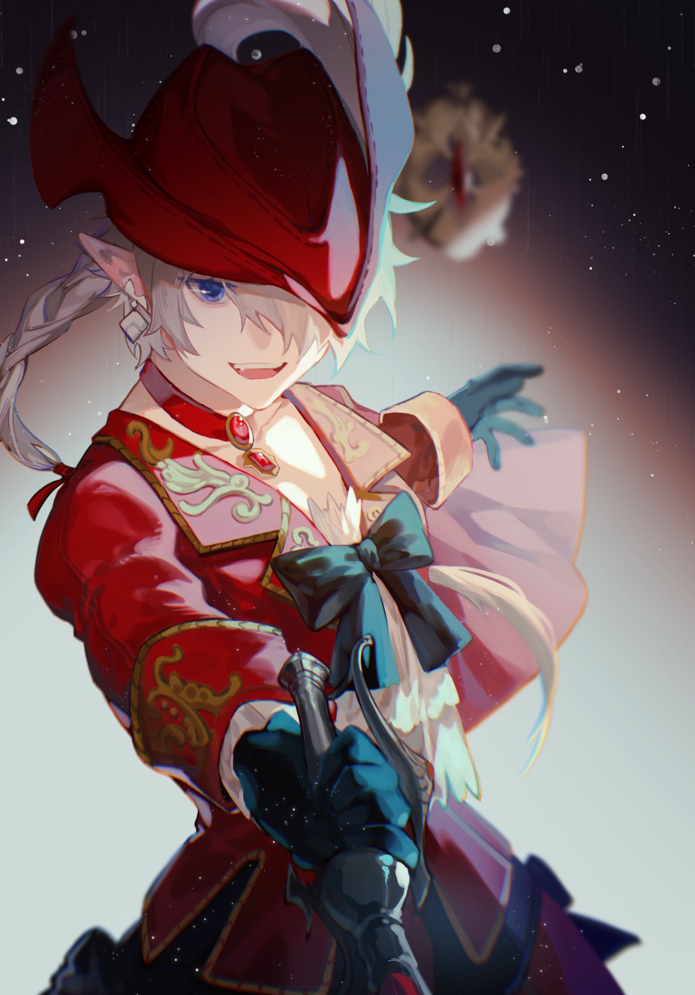 1girl, alisaie_leveilleur, bangs, black_bow, black_gloves, blue_eyes, blurry, bow, choker, coat, collared_coat, commentary, depth_of_field, earrings, elezen, elf, final_fantasy, final_fantasy_xiv, gloves, hair_over_one_eye, hair_ribbon, hat, hat_feather, highres, holding, holding_weapon, jewelry, lluyss, looking_at_viewer, low_ponytail, medium_hair, one_eye_covered, open_clothes, open_coat, open_mouth, outstretched_arms, pointy_ears, red_choker, red_coat, red_headwear, red_mage, ribbon, silver_hair, solo, upper_body, weapon