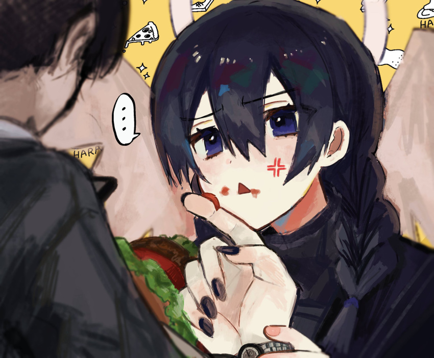 ..., 1boy, 1girl, bangs, black_hair, black_nails, black_sweater, blue_eyes