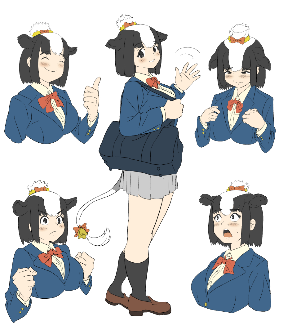 1girl, animal_ears, bag, black_hair, black_legwear, blue_jacket, blush, bow, bowtie, brown_eyes, brown_footwear, closed_eyes, collared_shirt, commentary_request, cow_ears, cow_girl, cow_tail, eyebrows_visible_through_hair, hair_bow, hair_bun, holstein_friesian_cattle_(kemono_friends), jacket, kemono_friends, kemono_friends_3, loafers, long_sleeves, multicolored_hair, multiple_views, official_alternate_costume, orange_bow, pleated_skirt, red_bow, red_bowtie, render_hatch, school_bag, school_uniform, shirt, shoes, short_hair, skirt, smile, socks, sweatdrop, tail, thumbs_up, two-tone_hair, waving, white_hair, white_shirt, white_skirt