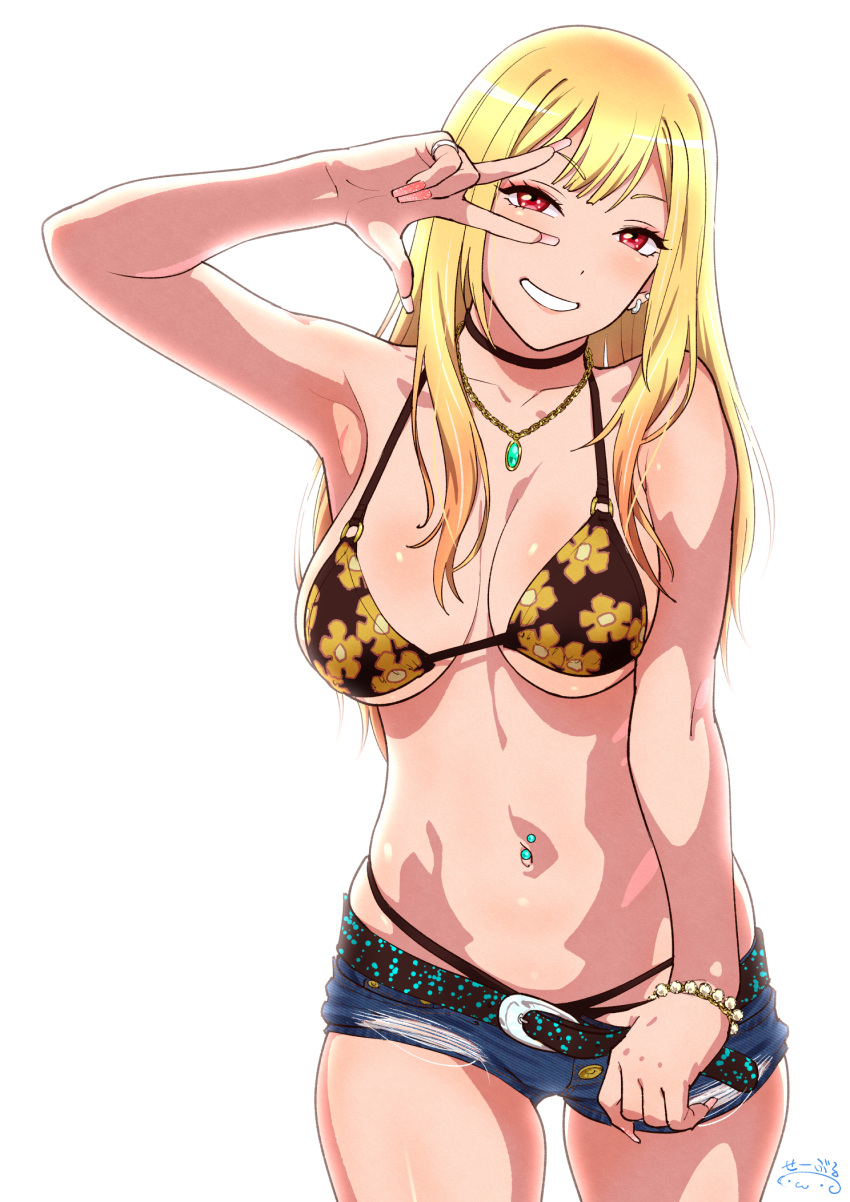 1girl, arm_up, armpits, bangs, bare_shoulders, belt, bikini, black_choker, blonde_hair, blue_shorts, blush, bracelet, breasts, breasts_apart, choker, collarbone, commentary_request, denim, denim_shorts, ear_piercing, earrings, eyebrows_visible_through_hair, fake_nails, floral_print, grin, gyaru, highres, jewelry, kitagawa_marin, large_breasts, long_hair, looking_at_viewer, navel, navel_piercing, necklace, o-ring, o-ring_bikini, piercing, print_bikini, red_eyes, revision, short_shorts, shorts, simple_background, smile, solo, sono_bisque_doll_wa_koi_wo_suru, suna, swimsuit, under_boob, w, w_over_eye, white_background