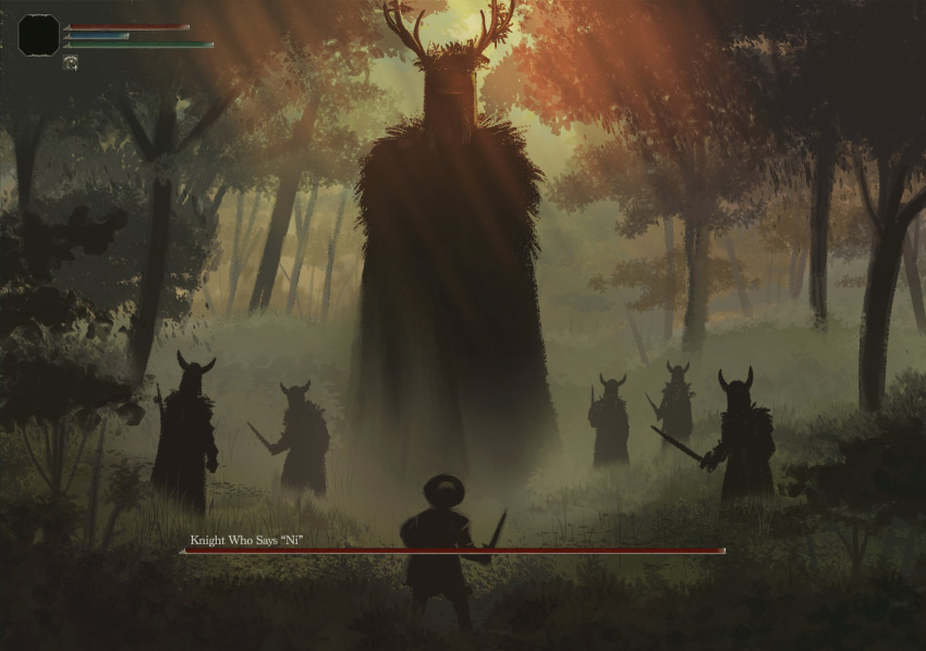 6+others, antlers, backlighting, bush, commentary, crossover, elden_ring, english_commentary