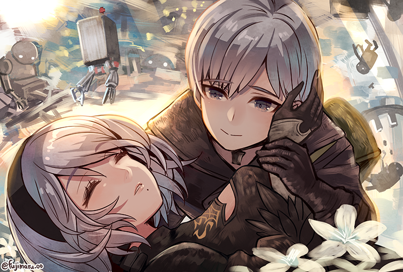 1boy, 1girl, black_gloves, black_jacket, breasts, closed_eyes, flower, fujimaru_(green_sparrow)