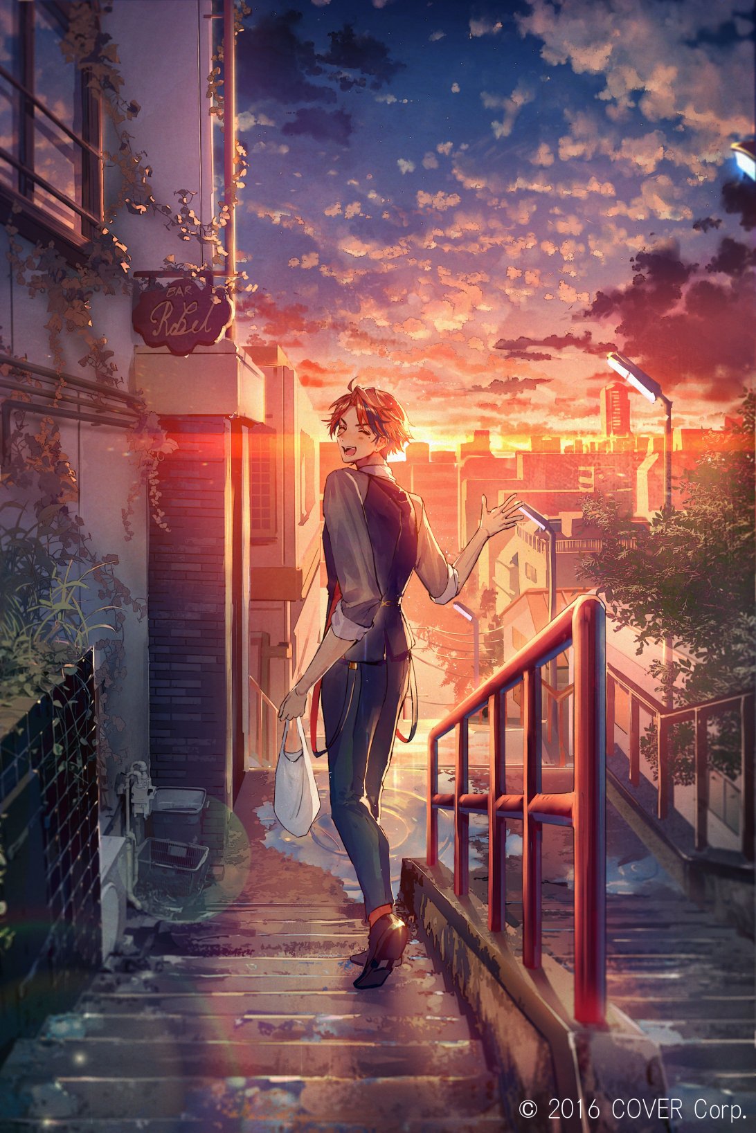 1boy, after_rain, ahoge, bag, bangs, black_hair, black_pants, blush