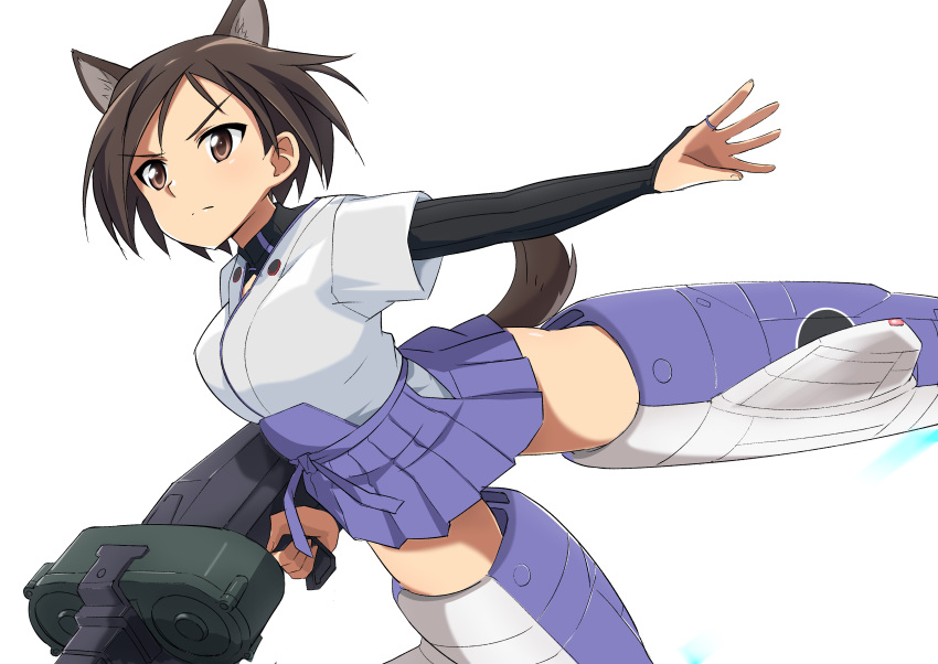 1girl, 506th_joint_fighter_wing, absurdres, animal_ears, blue_skirt, bridal_gauntlets, brown_eyes, brown_hair
