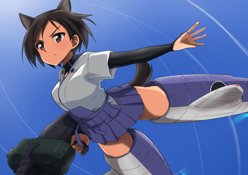 1girl, 506th_joint_fighter_wing, absurdres, animal_ears, blue_skirt, blue_sky, bridal_gauntlets, brown_eyes