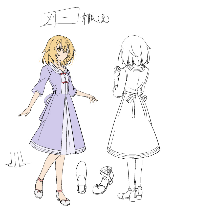 1girl, alternate_costume, back_bow, blonde_hair, bow, character_sheet, concept_art, dress