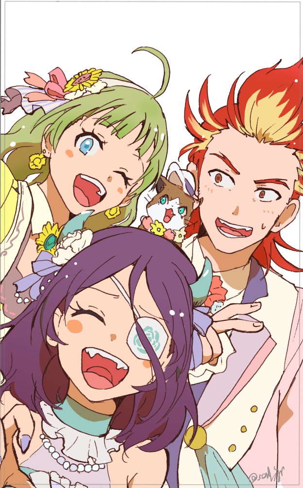 1boy, 2girls, ;d, ^_^, ^o^, ahoge, akai_suzaku, animal_on_shoulder