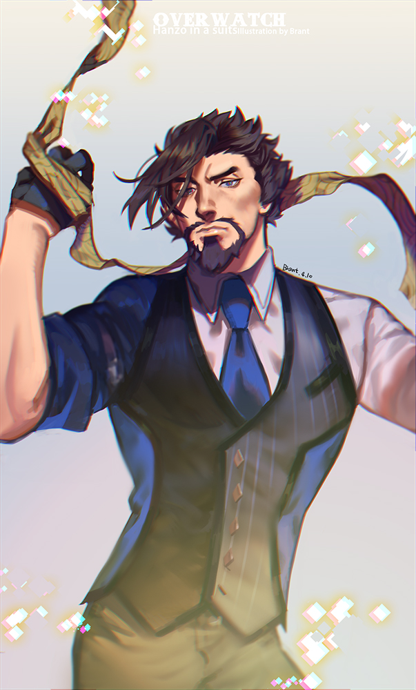 1boy, armband, beard, black_eyes, black_hair, brant0815, collared_shirt, facial_hair