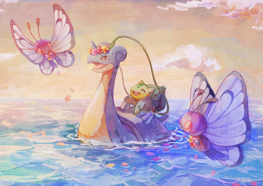 :d, ^_^, bright_pupils, bulbasaur, butterfree, closed_eyes, clouds, fangs