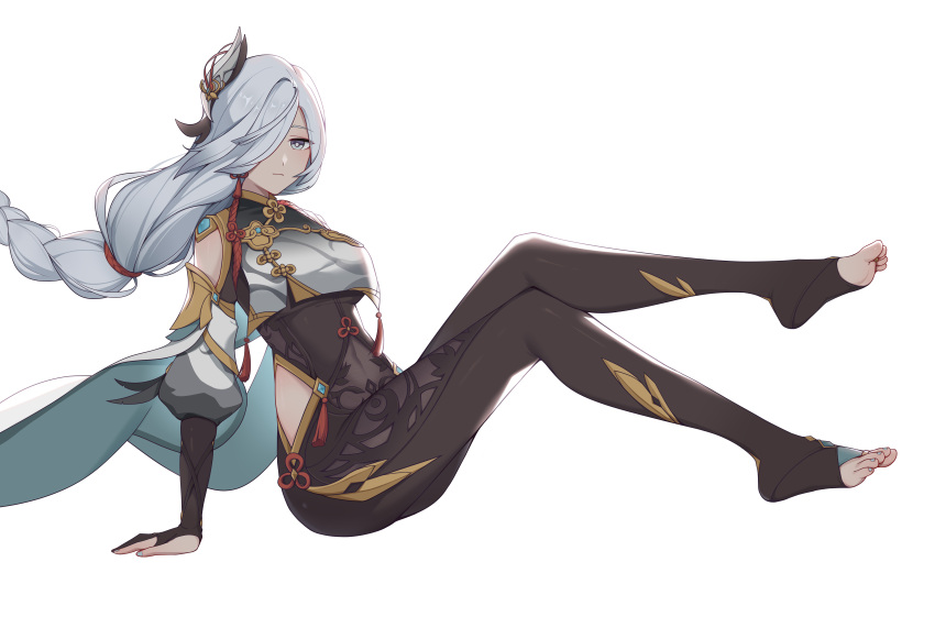 1girl, absurdres, bangs, bare_shoulders, blue_eyes, blue_hair, brown_gloves, brown_legwear