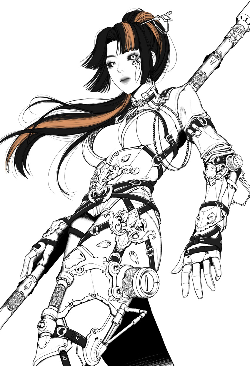 1girl, armor, belt, black_hair, black_sclera, breasts, bright_pupils, chain