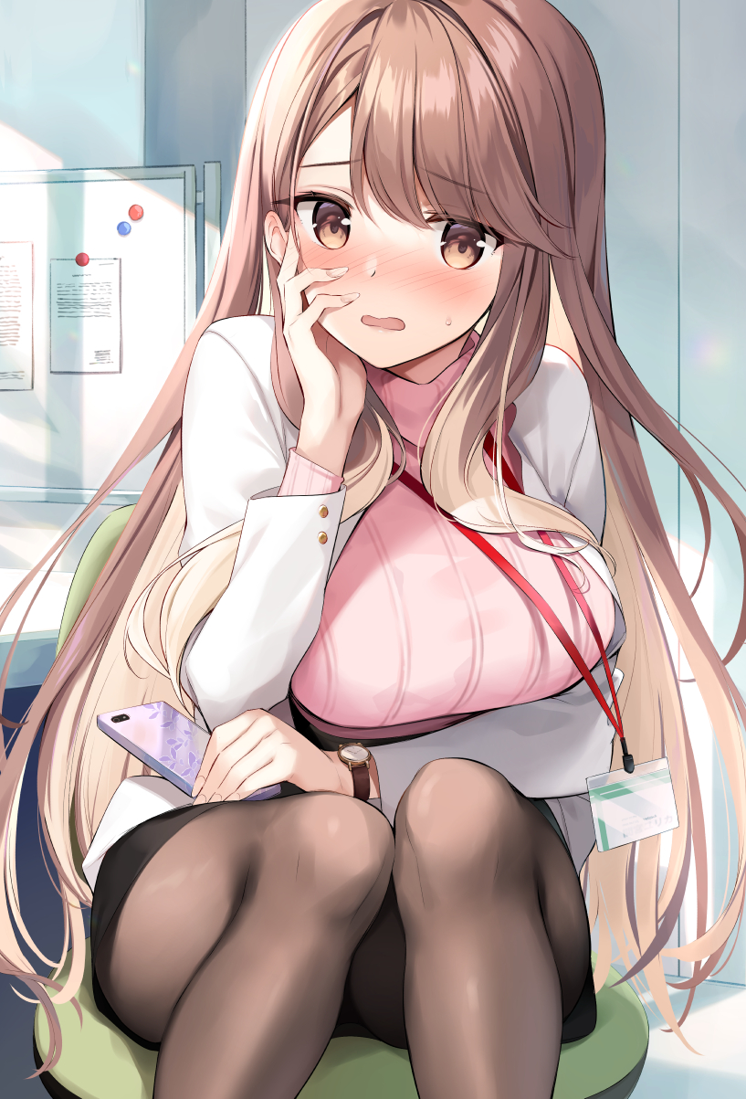 1girl, bangs, black_skirt, blush, breasts, brown_eyes, brown_hair, brown_legwear