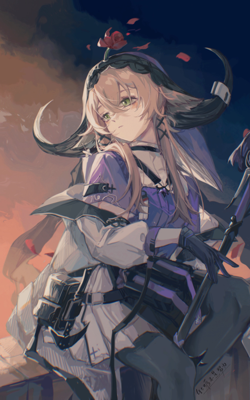 1girl, animal_ears, arknights, belt_pouch, black_gloves, black_legwear, blue_shirt, breasts