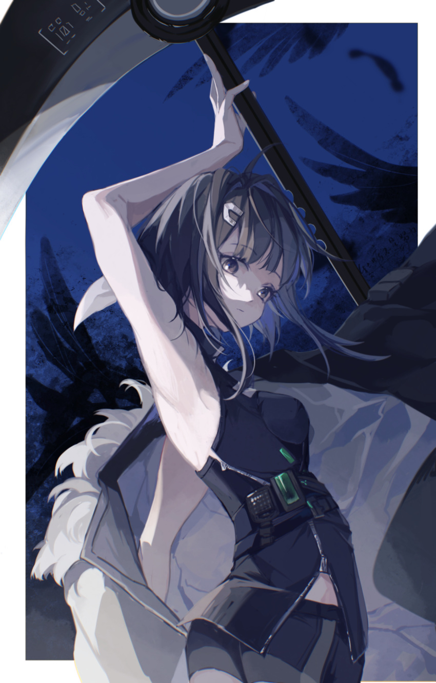 1girl, arknights, arm_up, armpits, belt, black_coat, black_eyes, black_hair