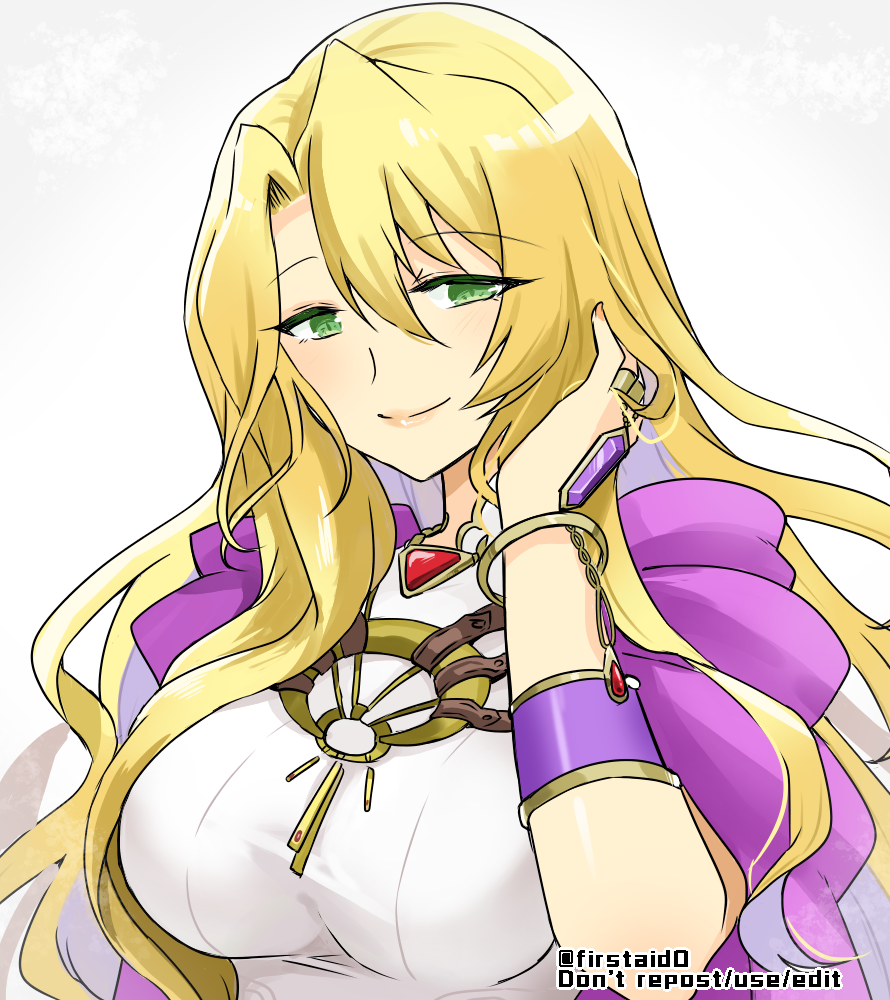 1girl, bangs, blonde_hair, bracelet, breasts, cape, dress, eyebrows_visible_through_hair, fire_emblem, fire_emblem:_the_blazing_blade, green_eyes, hair_between_eyes, hand_in_own_hair, jewelry, large_breasts, long_hair, looking_at_viewer, saint_elimine_(fire_emblem), smile, solo, upper_body, white_background, white_dress, yukia_(firstaid0)