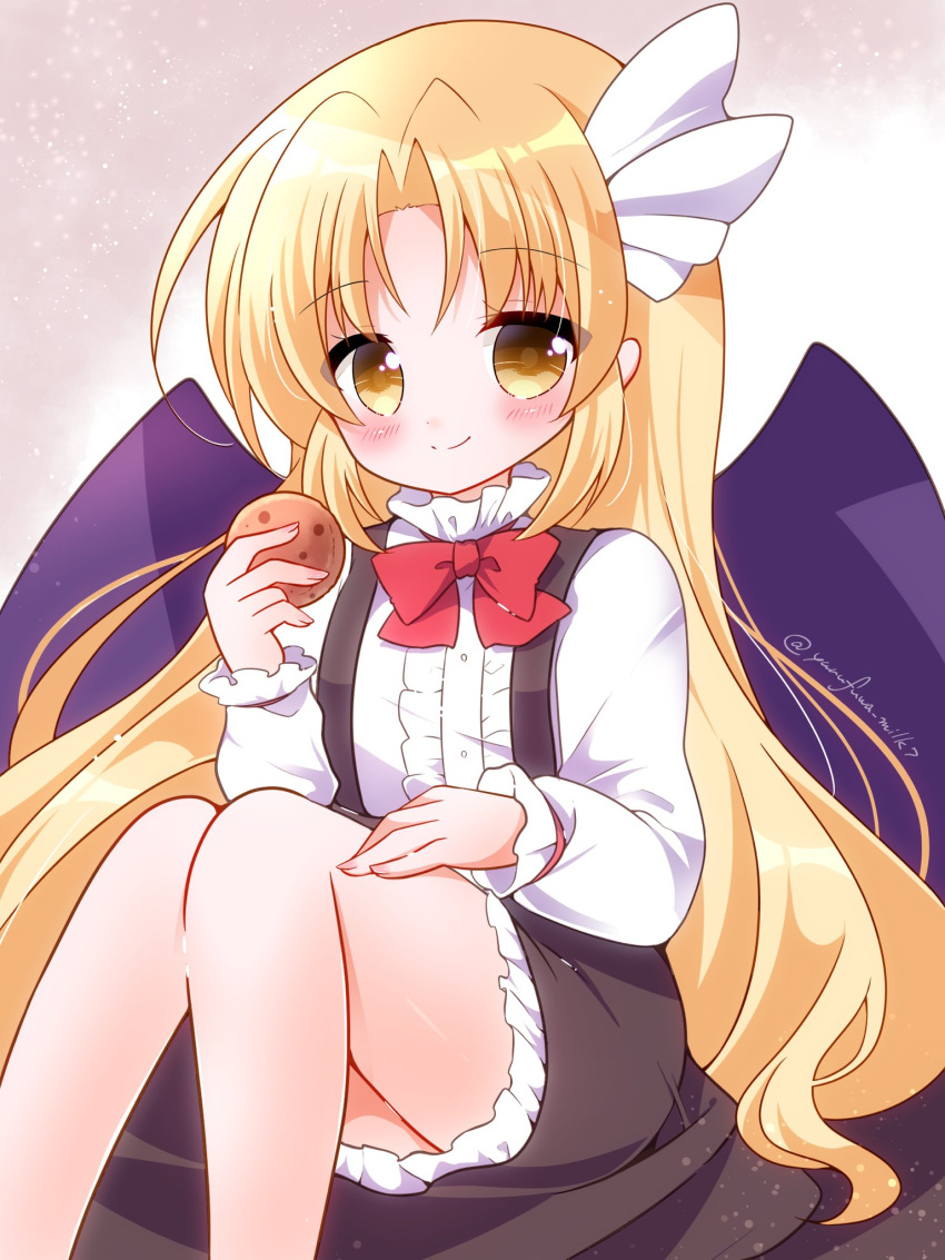 1girl, bangs, bat_wings, blonde_hair, blush, bow, bowtie, brown_skirt, chocolate_chip_cookie, closed_mouth, commentary_request, cookie, food, frilled_skirt, frills, hair_ribbon, happy, highres, kurumi_(touhou), legs, long_hair, long_sleeves, looking_at_viewer, purple_wings, red_bow, red_bowtie, ribbon, shirt, sitting, skirt, smile, suspender_skirt, suspenders, touhou, touhou_(pc-98), very_long_hair, white_ribbon, white_shirt, wings, yellow_eyes, yurufuwa_milk