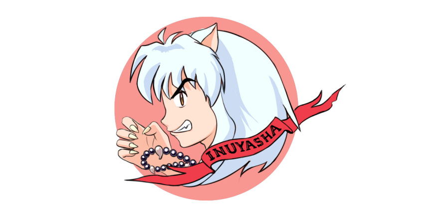 1boy, animal_ears, character_name, commentary_request, dog_boy, dog_ears, emblem, face, fang, fingernails, from_side, grin, inuyasha, inuyasha_(character), long_hair, looking_at_viewer, sharp_fingernails, simple_background, slit_pupils, smile, teeth, thompson_(solowingfh), white_background, white_hair, yellow_eyes