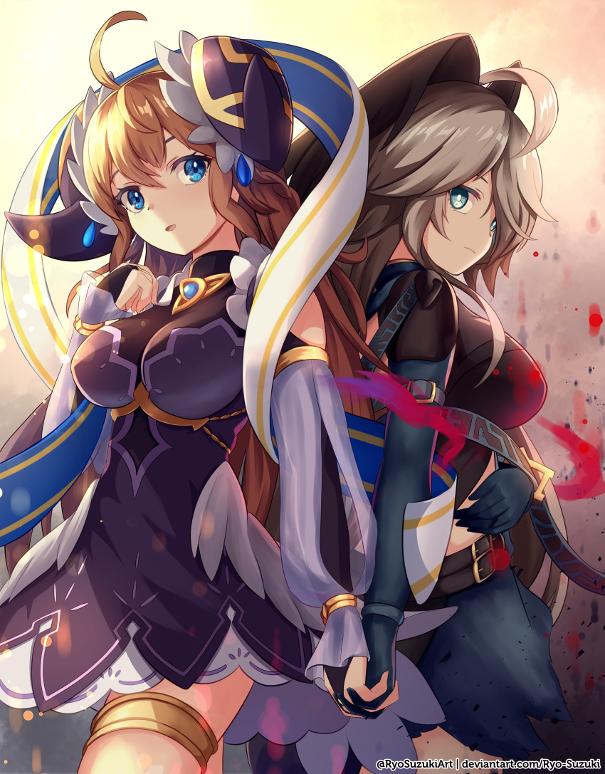 2girls, absurdres, ahoge, armor, bangs, belt, blonde_hair, blue_eyes