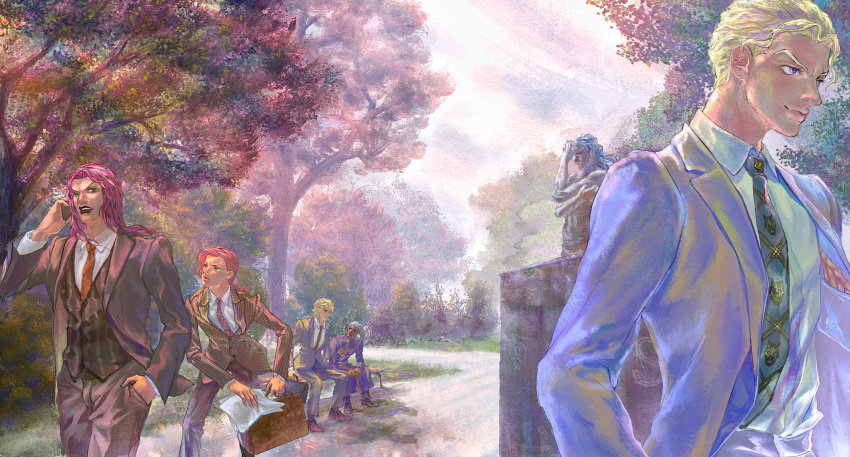6+boys, absurdres, alternate_costume, battle_tendency, bench, blonde_hair, briefcase, dark-skinned_male