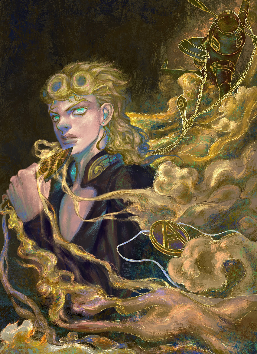 1boy, absurdres, aerosmith_(stand), aqua_eyes, arrow_(jojo), belt_buckle, blonde_hair, blue_eyes