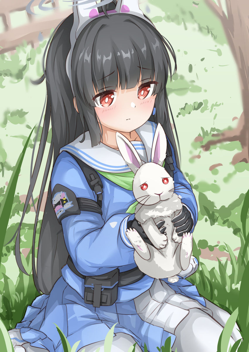 1girl, absurdres, animal_ear_headwear, black_hair, blue_archive, commentary_request, gloves, grass, halo, headband, highres, hime_cut, hjhtp, long_hair, miyu_(blue_archive), pantyhose, rabbit, red_eyes, school_uniform, seiza, sitting, solo, tactical_clothes, white_legwear