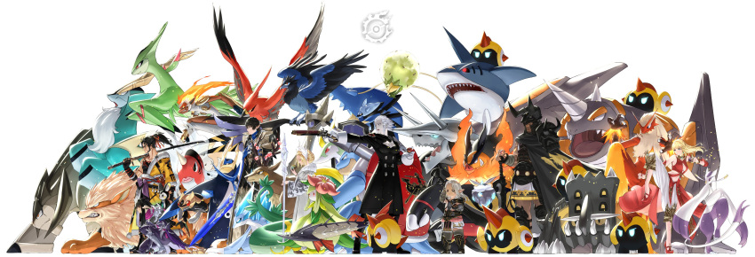 4boys, 4girls, absurdres, aegislash, aggron, alolan_sandslash, arcanine, arm_up