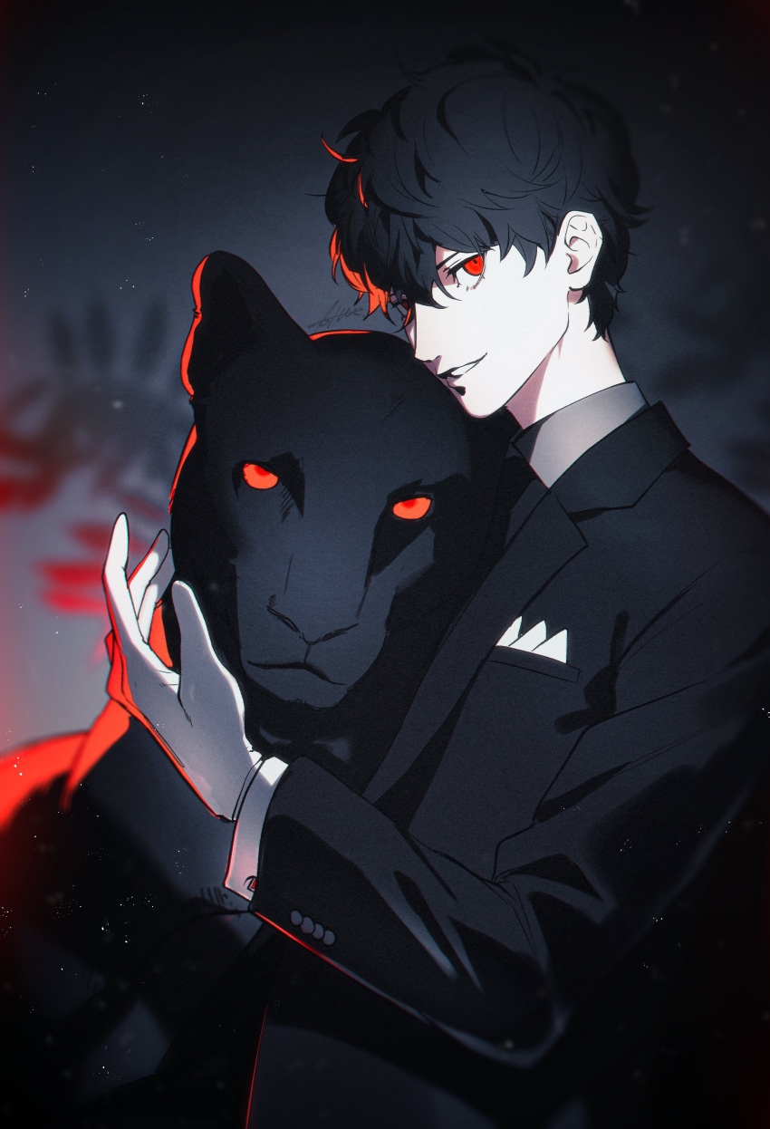 1boy, absurdres, alternate_costume, amamiya_ren, animal, bangs, black_jacket, black_necktie
