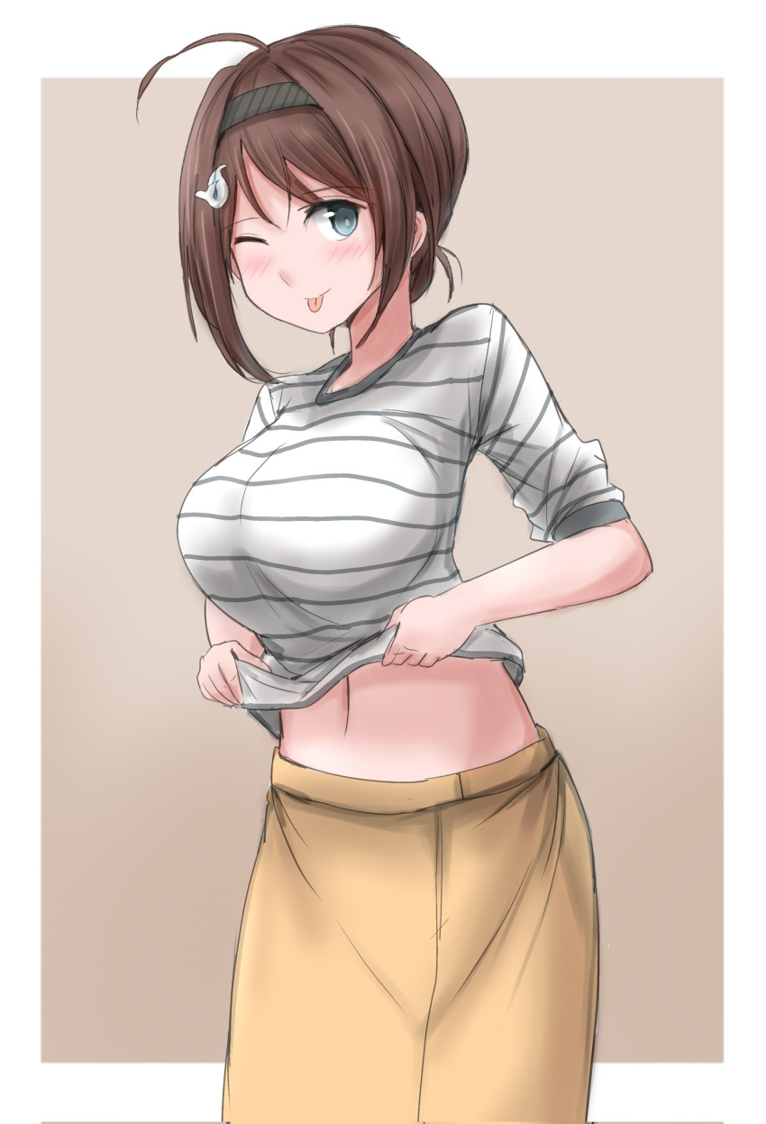1girl, beige_skirt, black_hairband, breasts, brown_hair, chougei_(kancolle), clothes_lift, cowboy_shot