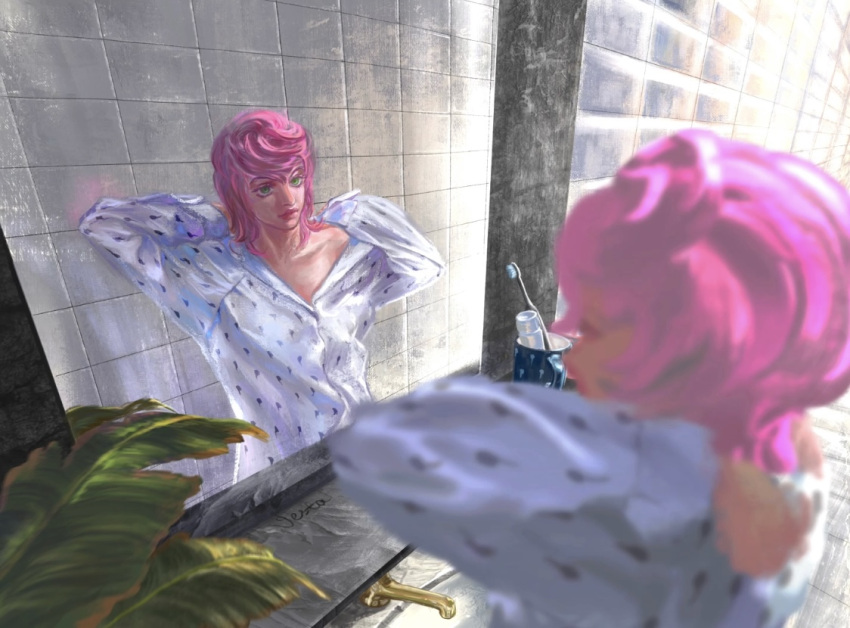 1girl, arms_up, blurry, cosplay, costume_switch, cup, depth_of_field, hair_down, implied_after_sex, jojo_no_kimyou_na_bouken, mirror, morning, mug, naked_shirt, plant, potted_plant, shirt, solo, toothbrush, trish_(persona), vento_aureo, vesta_zc