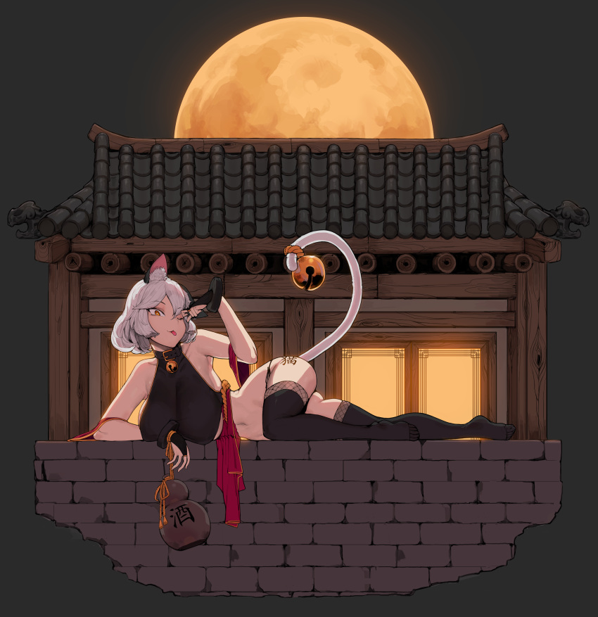 1girl, absurdres, animal_ears, architecture, bell, black_gloves, black_legwear, breast_rest
