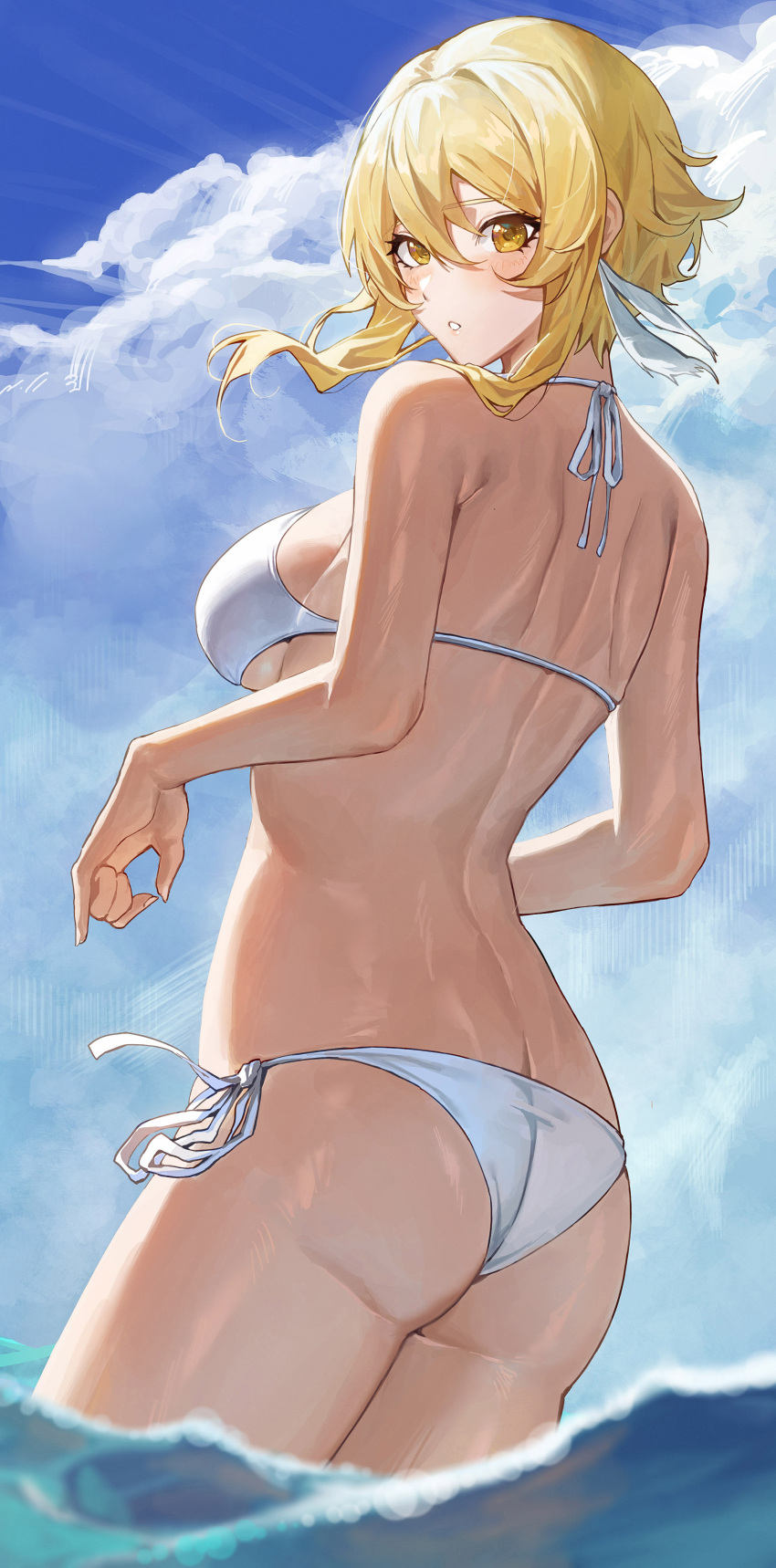 1girl, absurdres, ass, back, bangs, bikini, blonde_hair, blue_sky