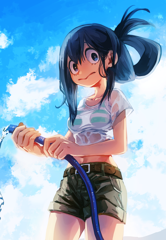 1girl, :>, asui_tsuyu, belt, boku_no_hero_academia, bra, brown_belt, clouds, day, frog_girl, green_shorts, hair_between_eyes, hair_rings, holding, holding_hose, hose, looking_at_viewer, ohhhhhhtsu, outdoors, shirt, shorts, sky, solo, striped, striped_bra, underwear, water, wet, wet_clothes, wet_shirt