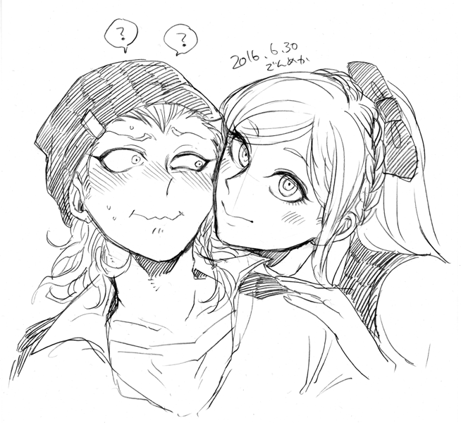 1boy, 1girl, ?, bangs, beanie, blush, bow, braid