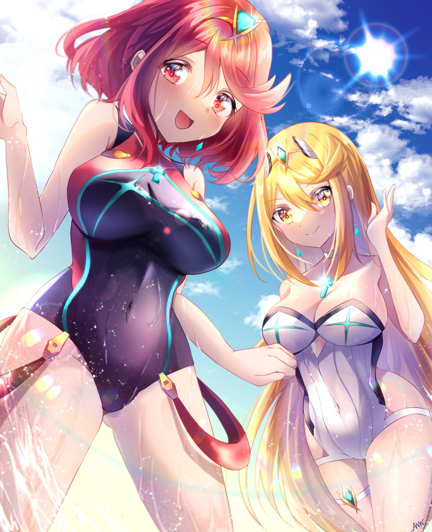 2girls, absurdres, amanoru_mozuku, bangs, black_swimsuit, blonde_hair, breasts, chest_jewel, competition_swimsuit, gem, headpiece, highres, large_breasts, long_hair, multiple_girls, mythra_(radiant_beach)_(xenoblade), mythra_(xenoblade), one-piece_swimsuit, pyra_(pro_swimmer)_(xenoblade), pyra_(xenoblade), red_eyes, red_swimsuit, redhead, ribbed_swimsuit, short_hair, strapless, strapless_swimsuit, striped, striped_swimsuit, swept_bangs, swimsuit, tiara, two-tone_swimsuit, vertical-striped_swimsuit, vertical_stripes, very_long_hair, white_swimsuit, xenoblade_chronicles_(series), xenoblade_chronicles_2, yellow_eyes