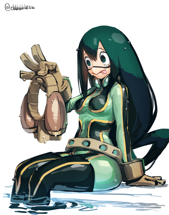 1girl, :>, asui_tsuyu, bodysuit, boku_no_hero_academia, breasts, brown_gloves, frog_girl