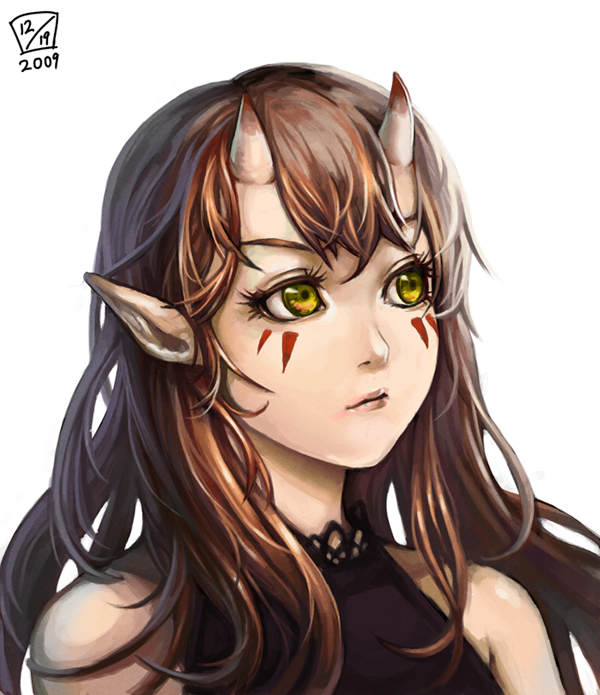 amber_eyes, close-up, demon_girl, facepaint, facial_mark, horns, lips, lipstick