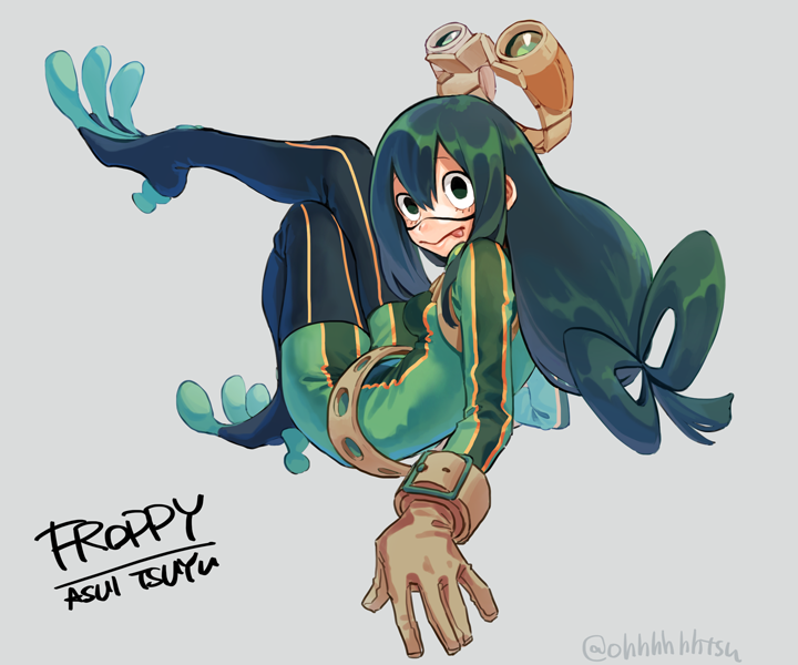 1girl, :>, asui_tsuyu, beige_gloves, boku_no_hero_academia, character_name, frog_girl, gloves