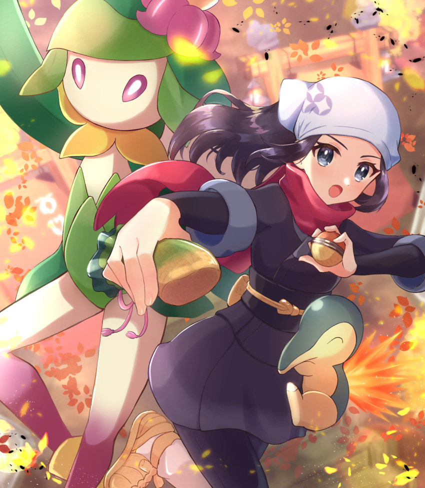 1girl, :o, akari_(pokemon), black_hair, black_shirt, commentary_request, cyndaquil, eyelashes
