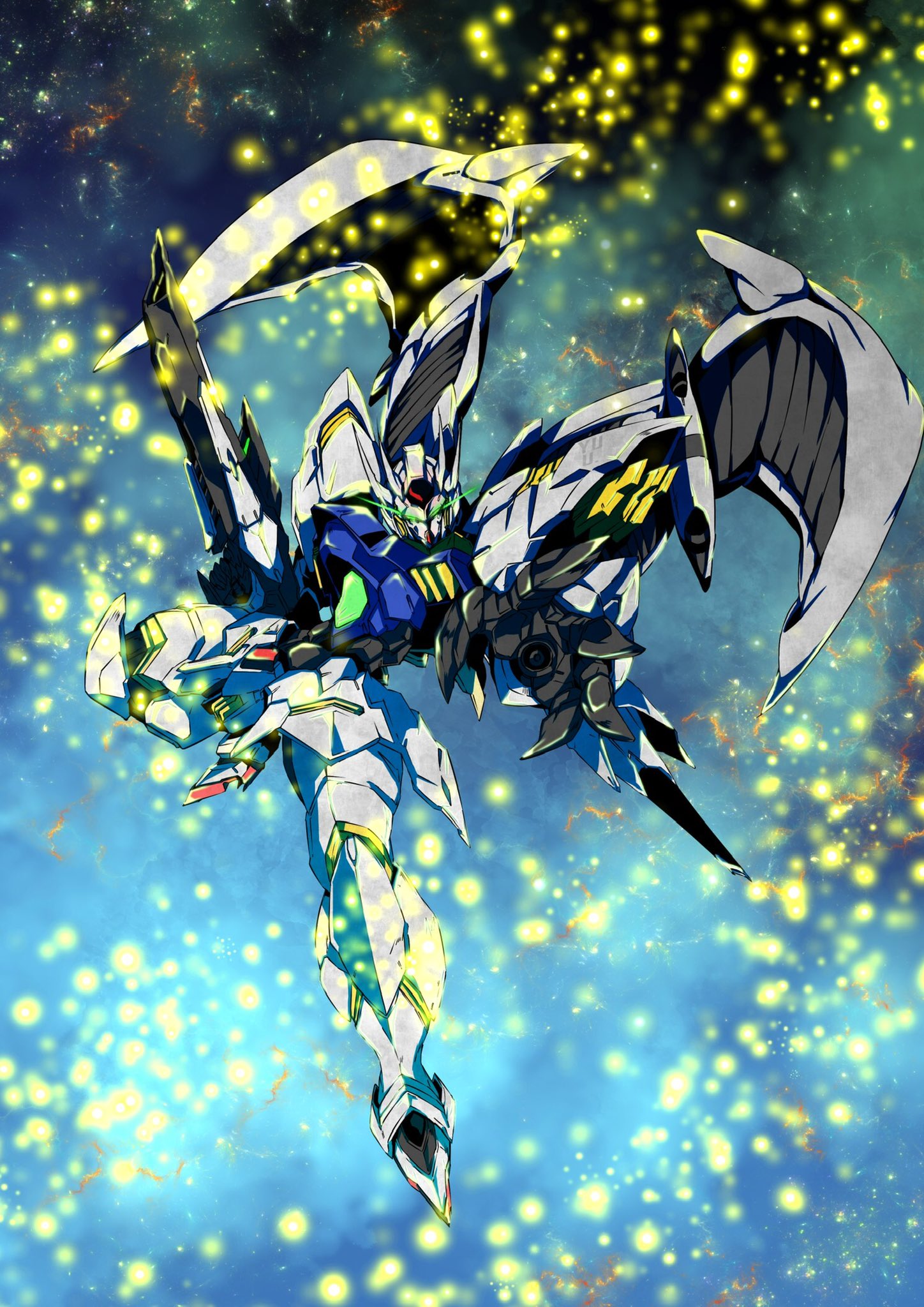 glowing, glowing_eyes, green_eyes, gun, gundam, gundam_age, gundam_legilis, head_tilt