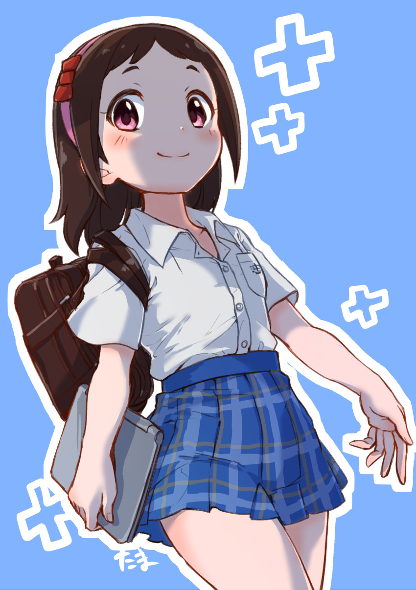 1girl, absurdres, bag, blue_background, brown_hair, computer, eyebrows, hairband, highres, idolmaster, idolmaster_cinderella_girls, laptop, muramatsu_sakura, pink_eyes, plaid, plaid_skirt, skirt, tamachan_(gam_baru_ger), uniform