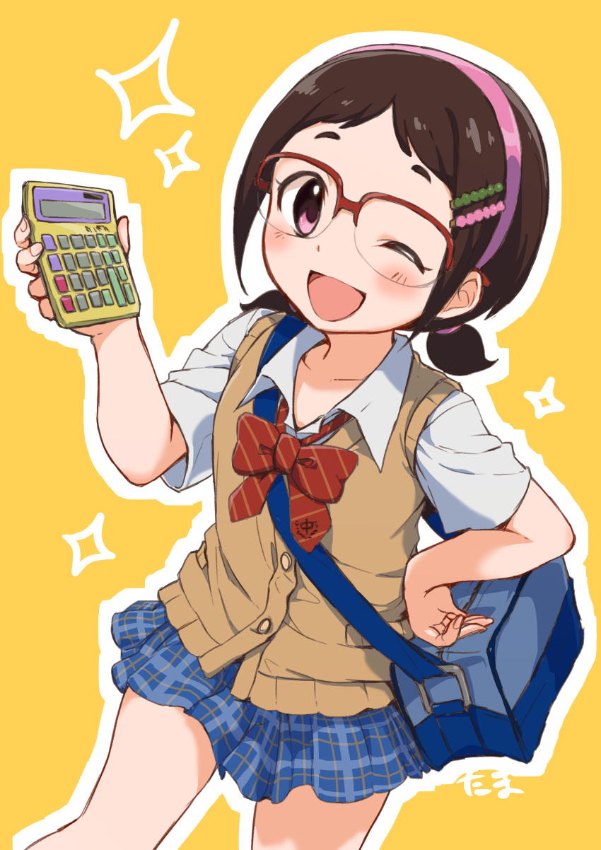 absurdres, bag, brown_hair, calculator, eyebrows, glasses, hair_ornament, hairband, hairpin, highres, idolmaster, idolmaster_cinderella_girls, muramatsu_sakura, pink_eyes, plaid, plaid_skirt, ribbon, short_twintails, skirt, tamachan_(gam_baru_ger), twintails