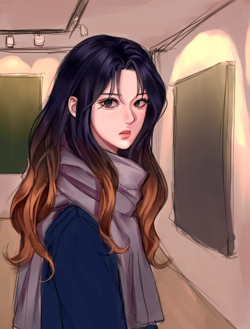1girl, bangs, black_hair, blue_sweater, brown_hair, from_side, gradient_hair, grey_scarf, hair_behind_ear, highres, hwaga_salierre, korean_commentary, long_hair, looking_at_viewer, multicolored_hair, painting_(object), parted_bangs, parted_lips, ryu_myeong-hwa, scarf, siri_(siri2064), sketch, solo, sweater
