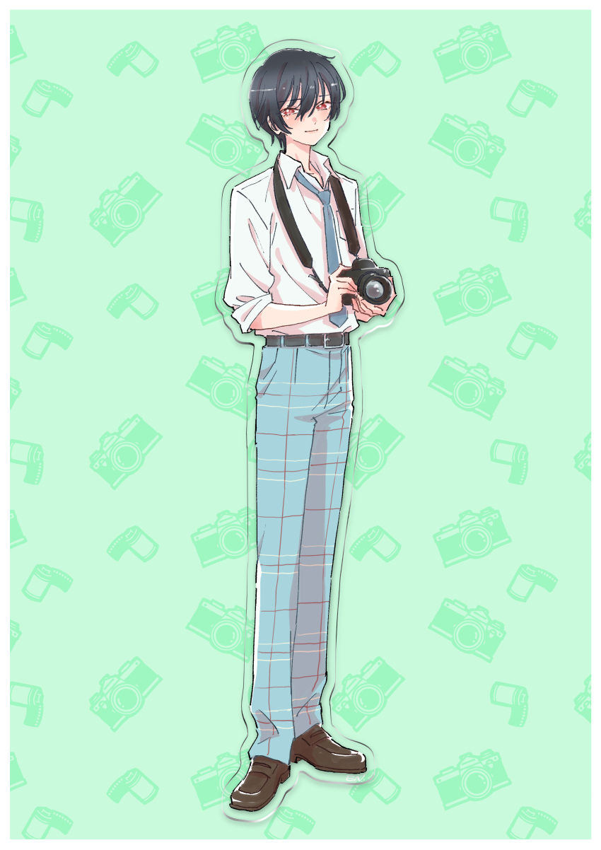 1girl, absurdres, bangs, belt, belt_buckle, black_belt, black_hair, blue_necktie