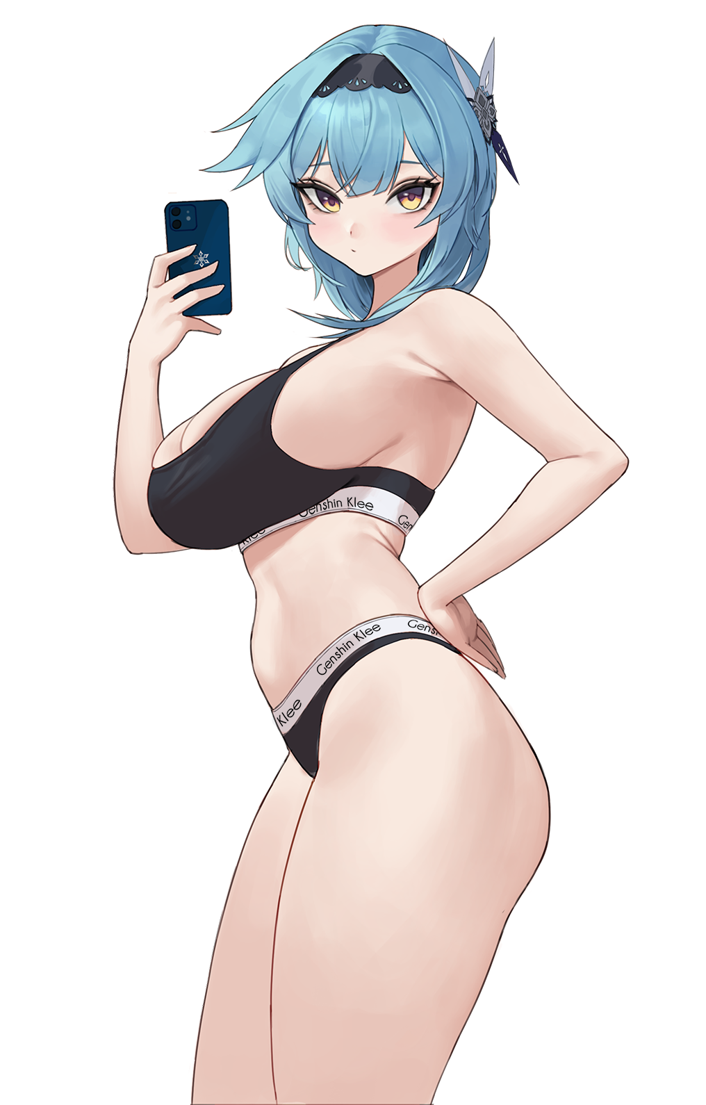1girl, ass, bangs, bare_arms, bare_shoulders, bikini, black_bikini, black_sports_bra, blue_hair, blush, brand_name_imitation, breasts, cellphone, closed_mouth, cowboy_shot, eula_(genshin_impact), eyebrows_visible_through_hair, from_side, genshin_impact, hair_ornament, hand_on_hip, highres, holding, holding_phone, kou_(kokounene), large_breasts, looking_at_viewer, panties, phone, selfie, simple_background, smartphone, solo, sports_bra, standing, swimsuit, thighs, underwear, white_background, yellow_eyes