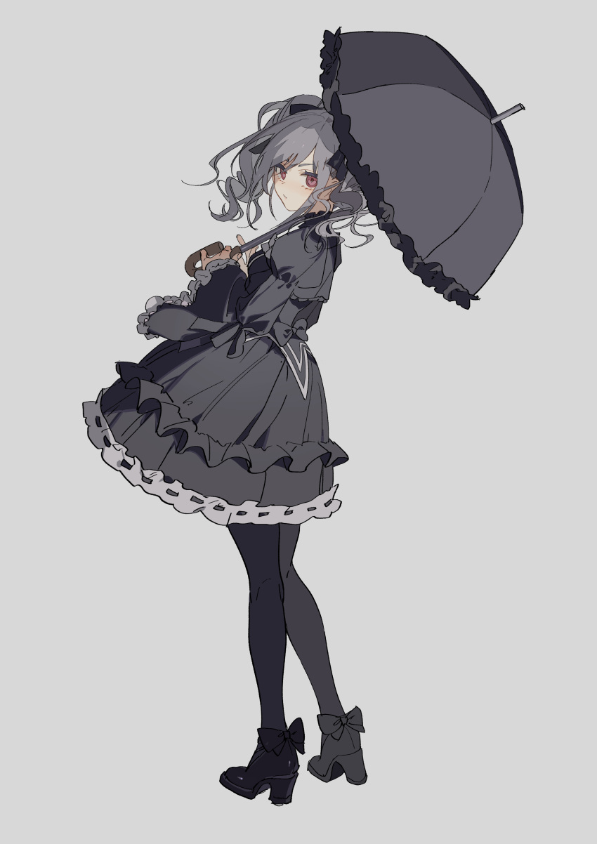 1girl, absurdres, black_dress, black_legwear, dress, gothic_lolita, grey_background, grey_umbrella