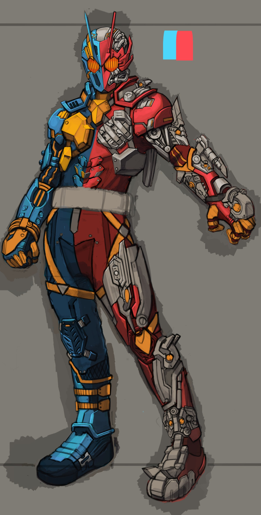 1boy, absurdres, adapted_costume, android, asymmetrical_footwear, asymmetrical_gloves, blue_armor, bug