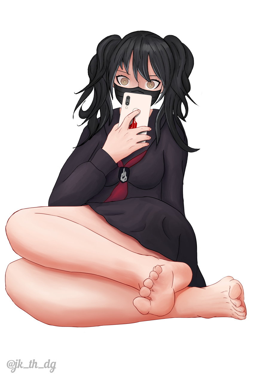 1girl, absurdres, bangs, barefoot, black_hair, black_mask, black_shirt, black_skirt, breasts, cellphone, eyebrows_visible_through_hair, feet, foot_focus, girls_frontline, hand_on_floor, highres, holding, holding_phone, jk_th_dg, legs, light_brown_eyes, long_hair, looking_at_viewer, mask, medium_breasts, no_shoes, on_floor, phone, sangvis_ferri, scarecrow_(girls'_frontline), school_uniform, serafuku, shirt, sitting, skirt, smartphone, soles, solo, toes, twintails, twitter_username, white_background